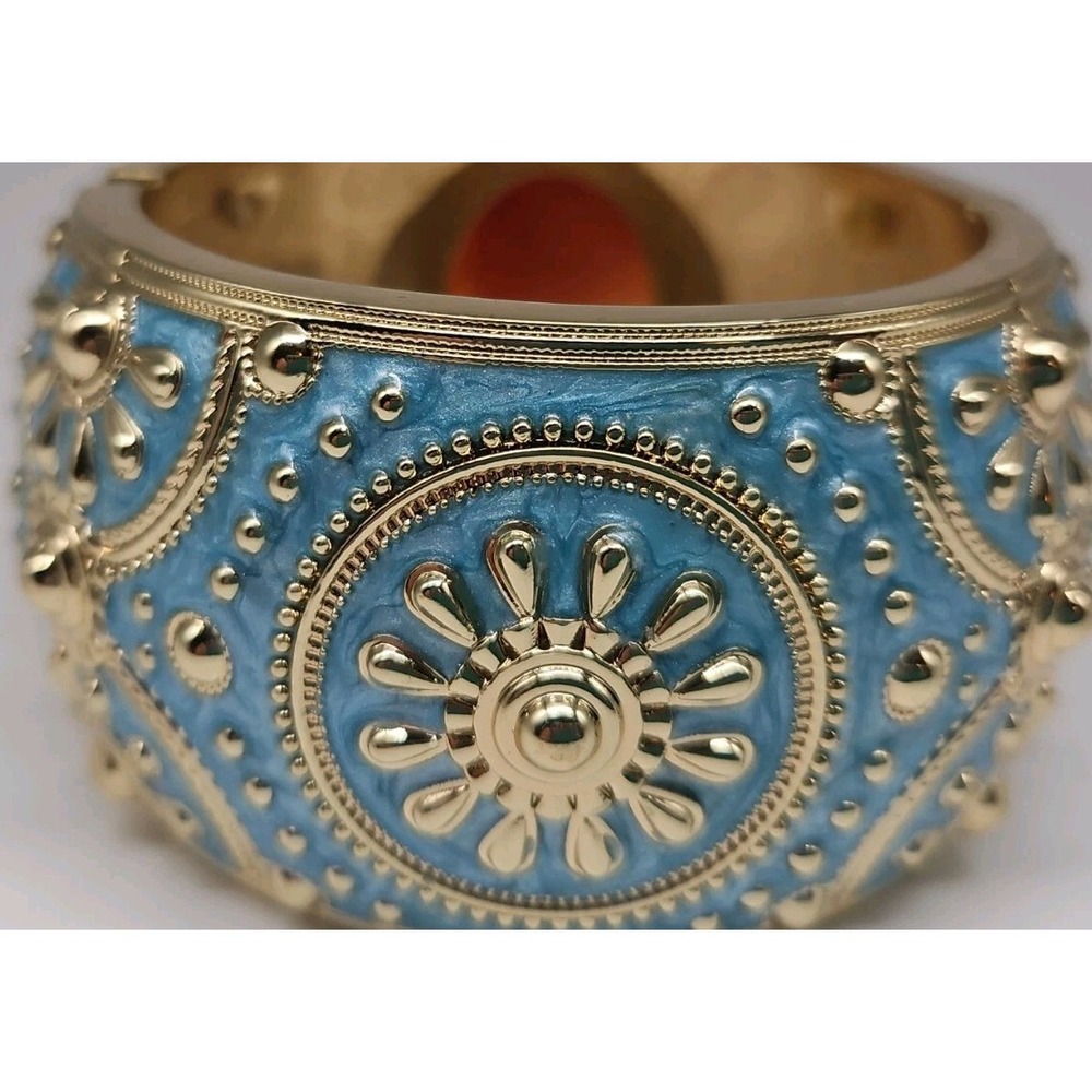 Amedeo NYC 40MM Cameo Goldtone & Blue Enamel Hinged Art Bracelet with box - Picture 6 of 11